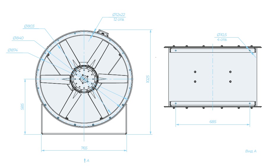 Аэродинамические характеристики, Габаритно-присоединительные размеры — Осевой вентилятор SVO 21-12-8